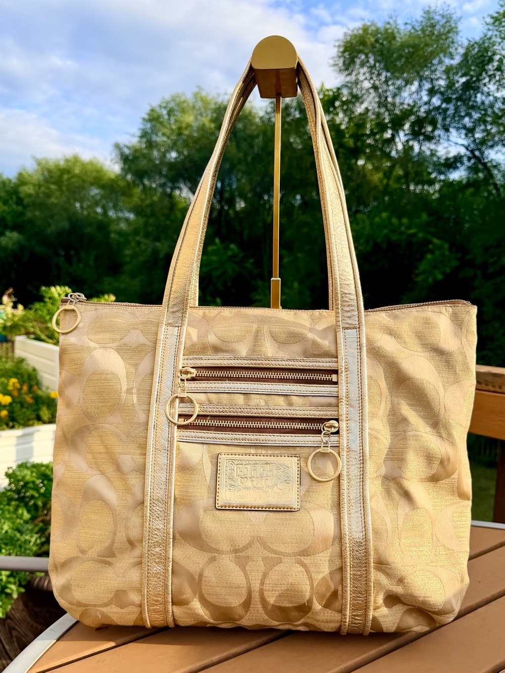COACH Poppy Glam Tote in Metallic Gold Monogram Jacquard Pattern. - Picture 2 of 13